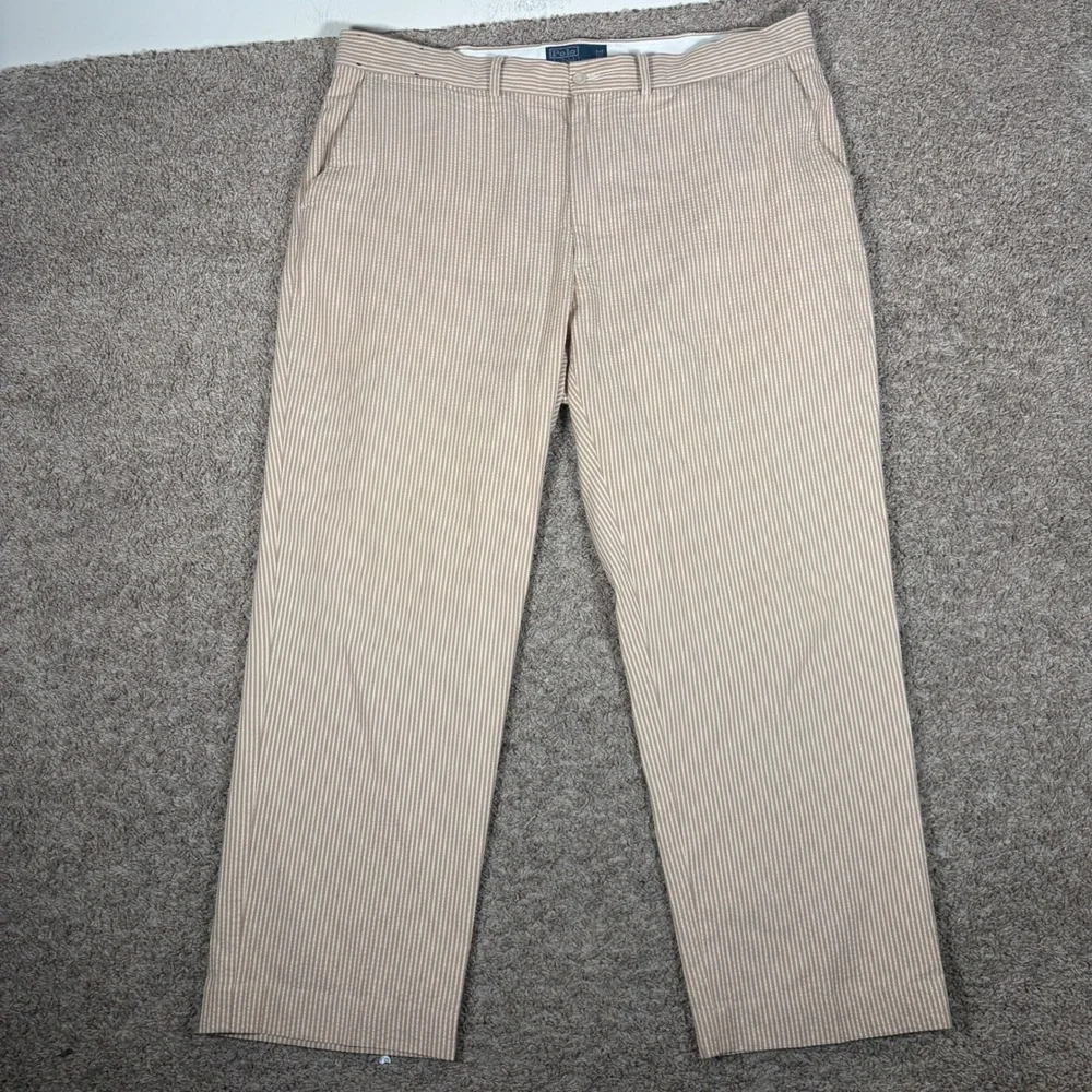 Polo Ralph Lauren Mens Tan White Seersucker Striped Cotton Pants 40x30 Straight